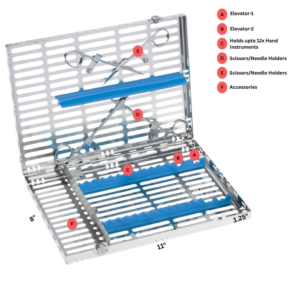 SurgiWorld – Oral Surgery Instrument Cassette Compact: 10 Instruments, 2 Elevators, 2 Hinged, 203 x 280 mm
