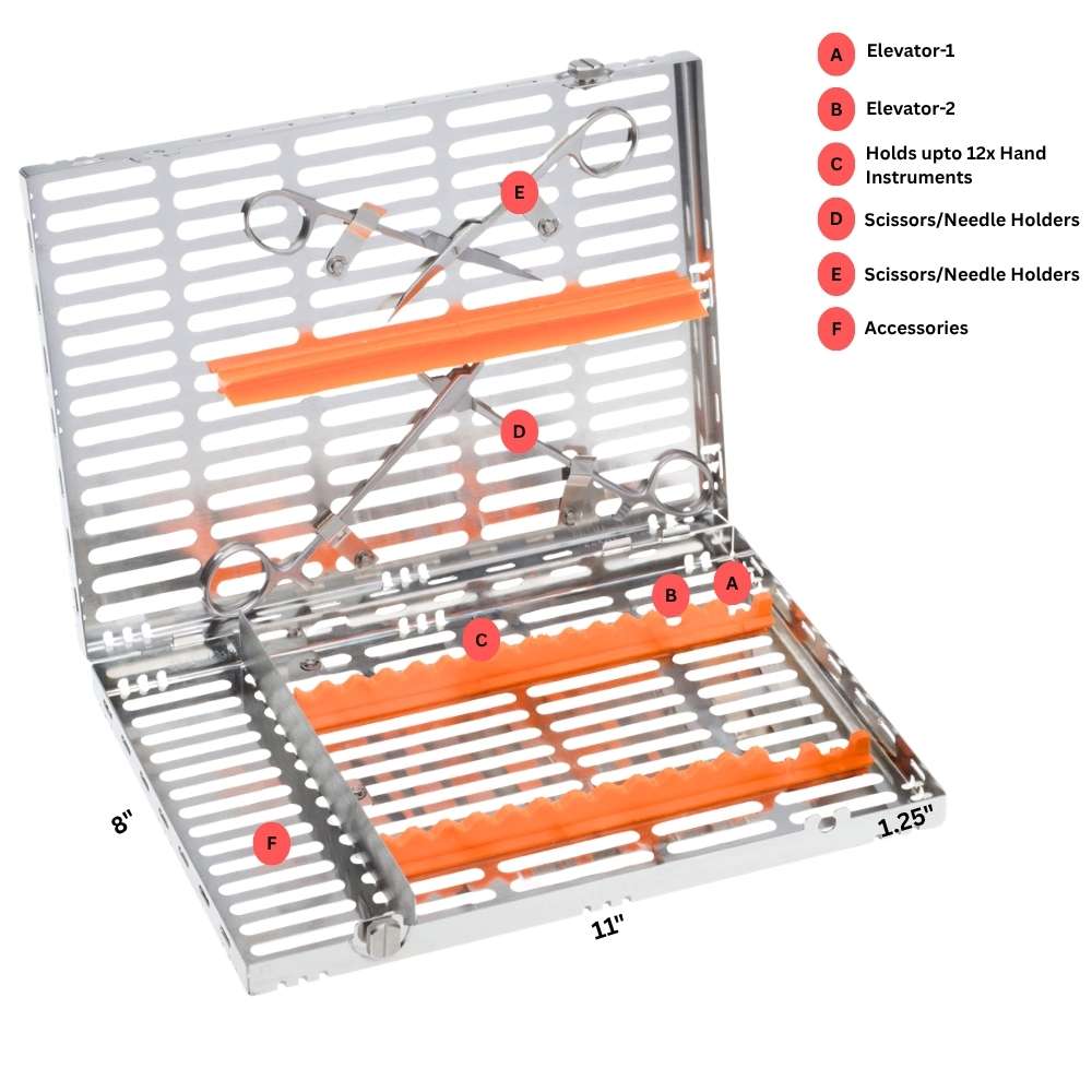 SurgiWorld – Oral Surgery Instrument Cassette Compact: 10 Instruments, 2 Elevators, 2 Hinged, 203 x 280 mm