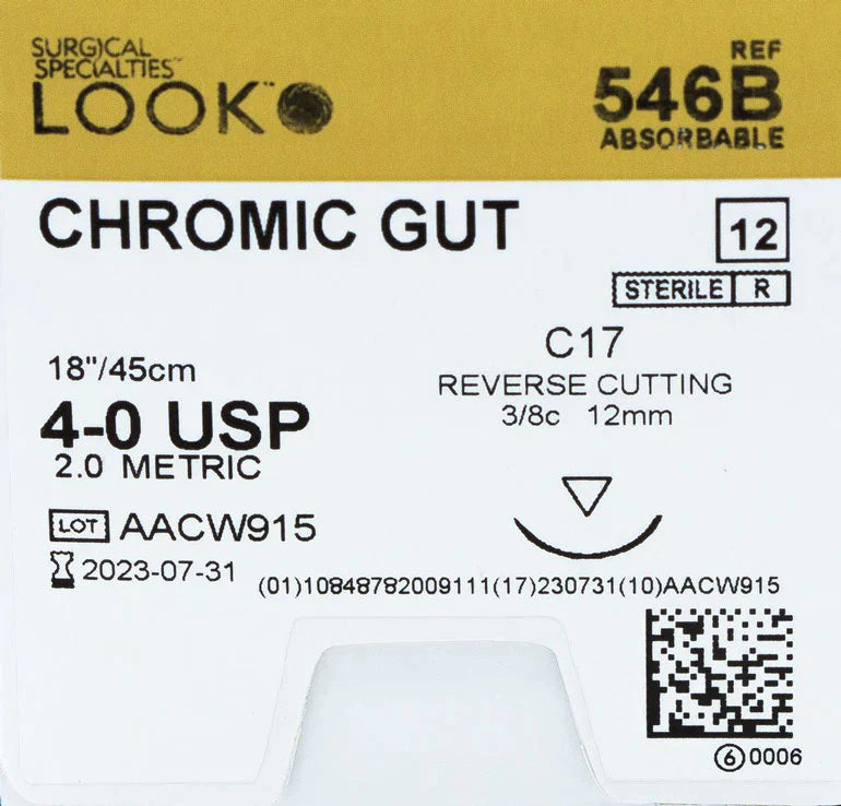 Look Sutures, Chromic Gut , 4-0, 18" Length, C17 Needle, 546B, 12/Box