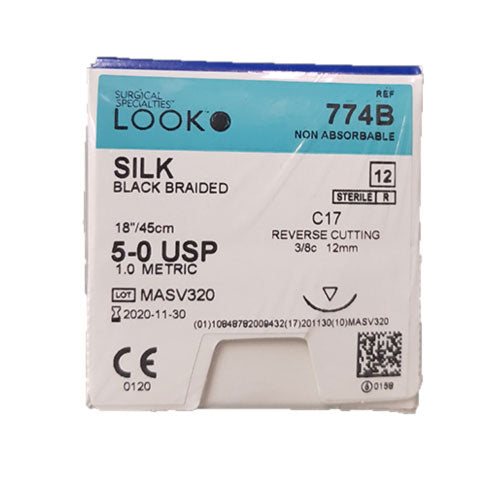 Look, Silk Sutures  Black Braided, 5-0, 18" Length, C17 Needle, 774B, 12/Box