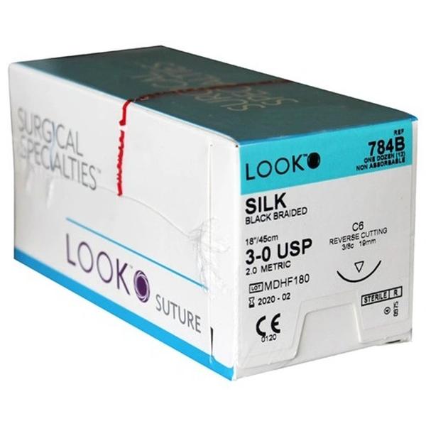 Look Sutures Silk Black, 3-0, 18" Length, C6 Needle, 3/8" Circle 12/Bx #784B