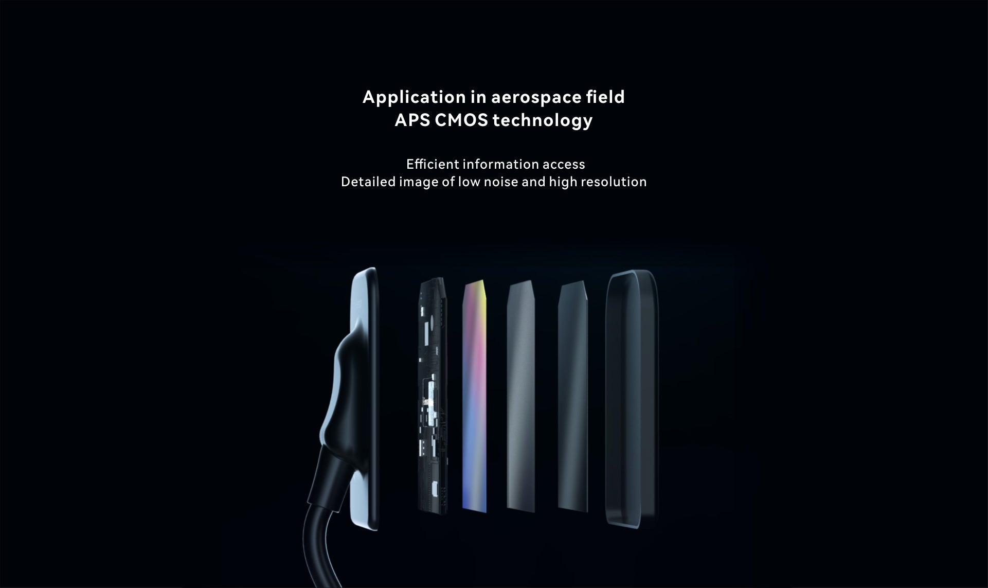  Exploded view of the i-Sensor showcasing its APS CMOS technology layers, designed for high-resolution imaging, low noise, and efficient data processing inspired by aerospace applications.