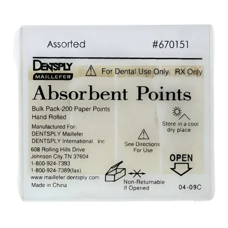 Dentsply Absorbent Paper Points – Hand Rolled, Nonsterile, 200/Pkg, X-Fine
