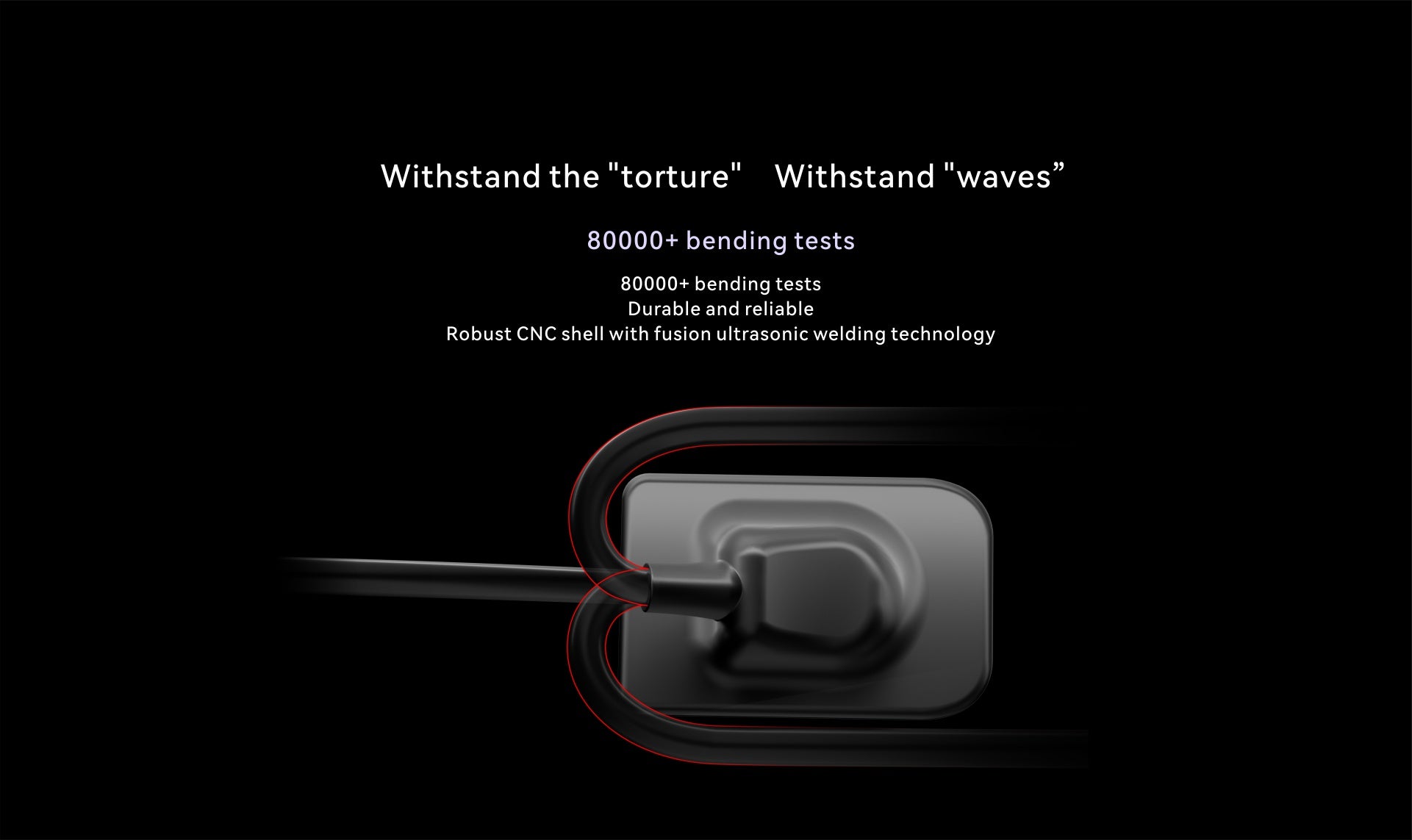 Close-up of i-Sensor cable demonstrating durability through 80,000+ bending tests and robust CNC shell with ultrasonic welding technology for reliable daily use