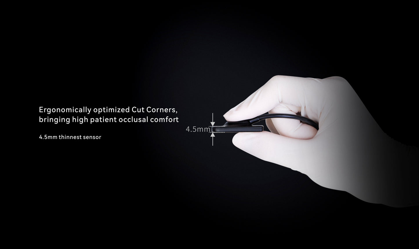 Gloved hand holding the ultra-thin 4.5mm i-Sensor, demonstrating its ergonomic design with optimized corners for improved patient comfort during dental imaging.