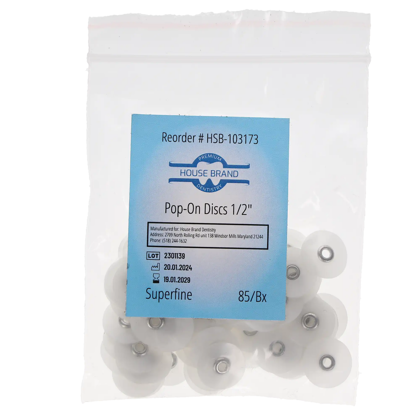 HSB Sof-Lex Type Pop-On polishing discs 1/2" Superfine Light Blue 85/Pk