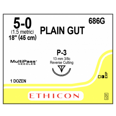 J&J Ethicon 5-0 Plain Gut Sutures P-3 Needle, 12/Pack | JJ-686G
