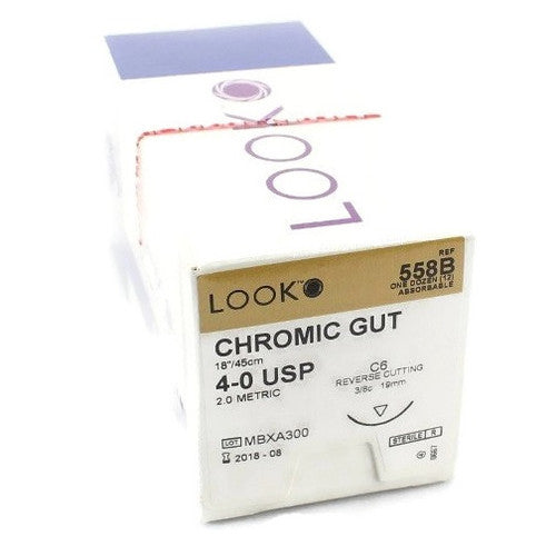 Look Sutures Chromic Gut, 4-0, 18" Length, C6 Needle 12/Box #558B