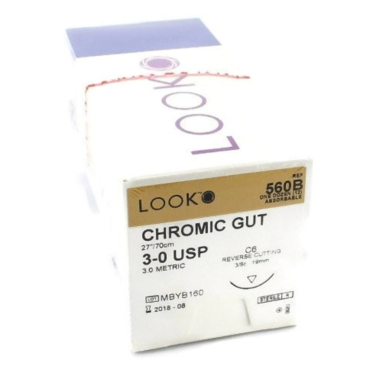 Look Sutures Chromic Gut  3-0, 27" Length, C6 Needle 12/Box #560B