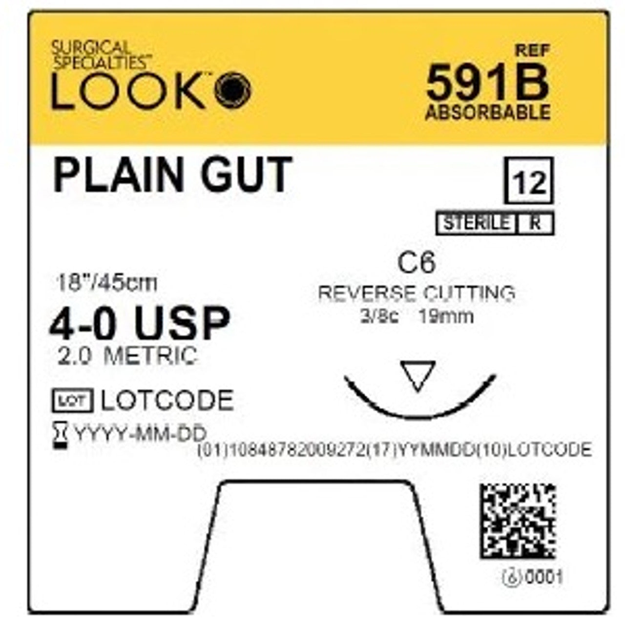 Look Sutures Plain Gut , 4-0  18" Length, C6 Needle, 3/8 Cir. 12/BX #591B