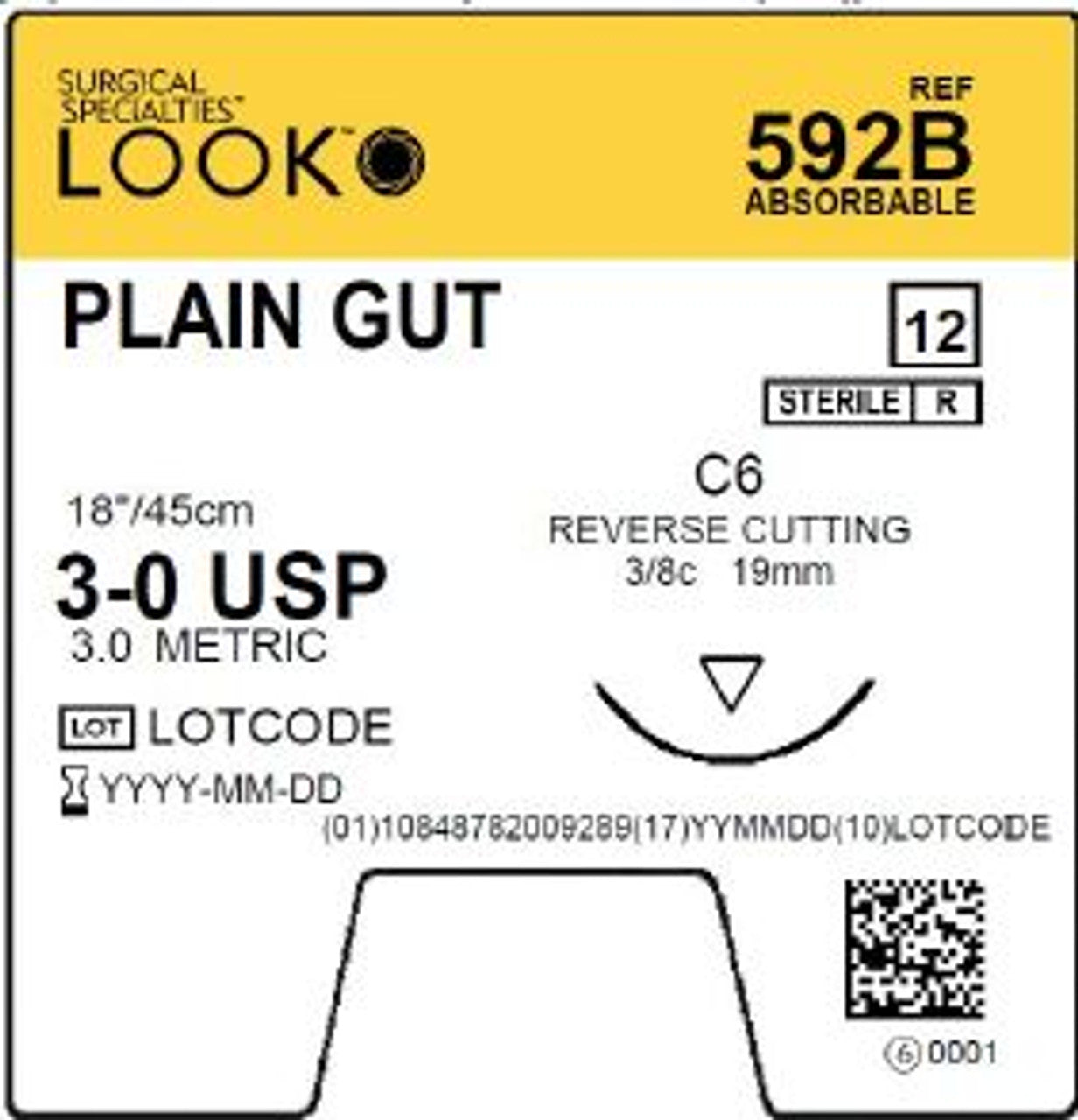 Look Sutures Plain Gut 3-0, 18" Length, C6 Needle 12/Box #592B