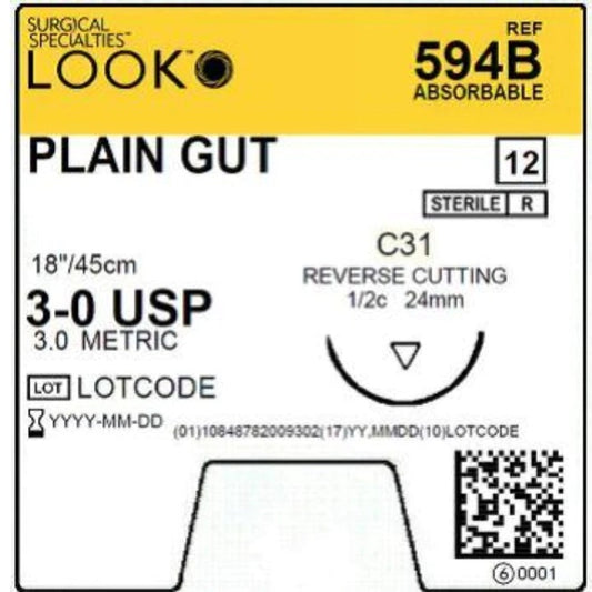 Look Sutures Plain Gut, 3-0, 18" Length, C31 Needle, 1/2 Cir. 12/Box #594B