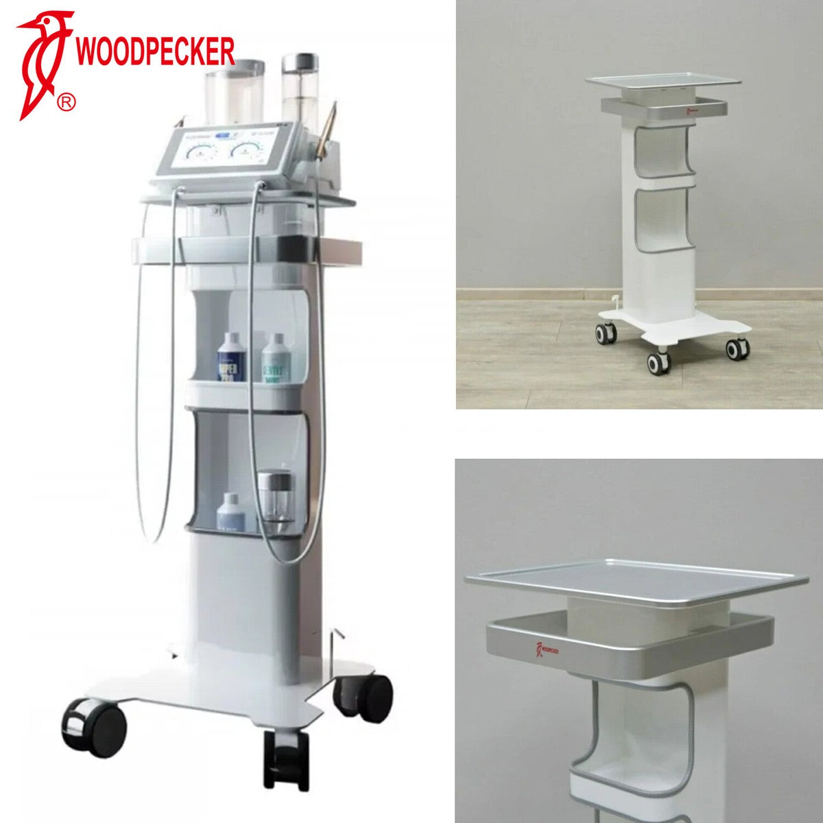 Woodpecker TC-6 dental cart showing upper equipment tray, rolling base and storage compartments
