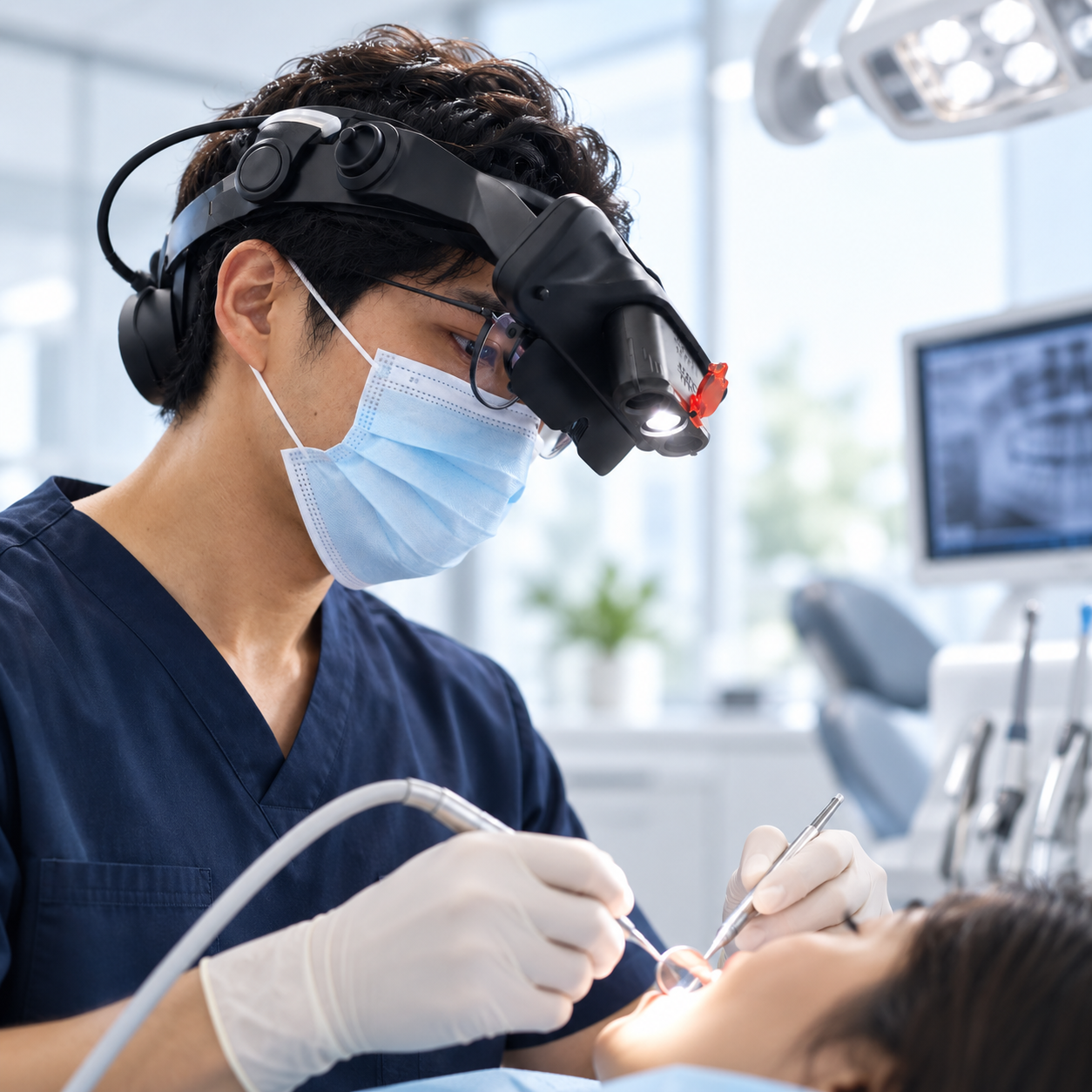 Dentist using arLoupe digital dental loupe during treatment in a modern dental clinic