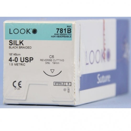 Look Sutures Silk Black Braided, 4-0, 18" Length, C6 Needle 12/Box #781B