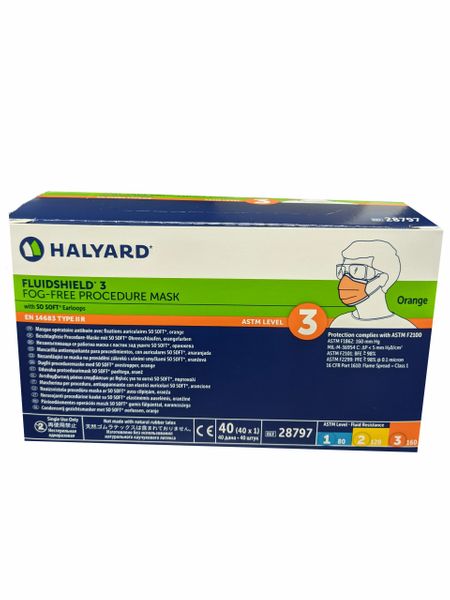 Fog Free Fluid Shield Level 3 Earloop Masks , Orange 40/Box -Halyard #28797