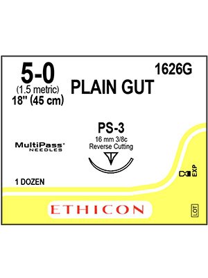 J&J Ethicon 5-0 Plain Gut Surgical Sutures Absorbable PS-3 Reverse Cutting, 12/Pack | JJ-1626G