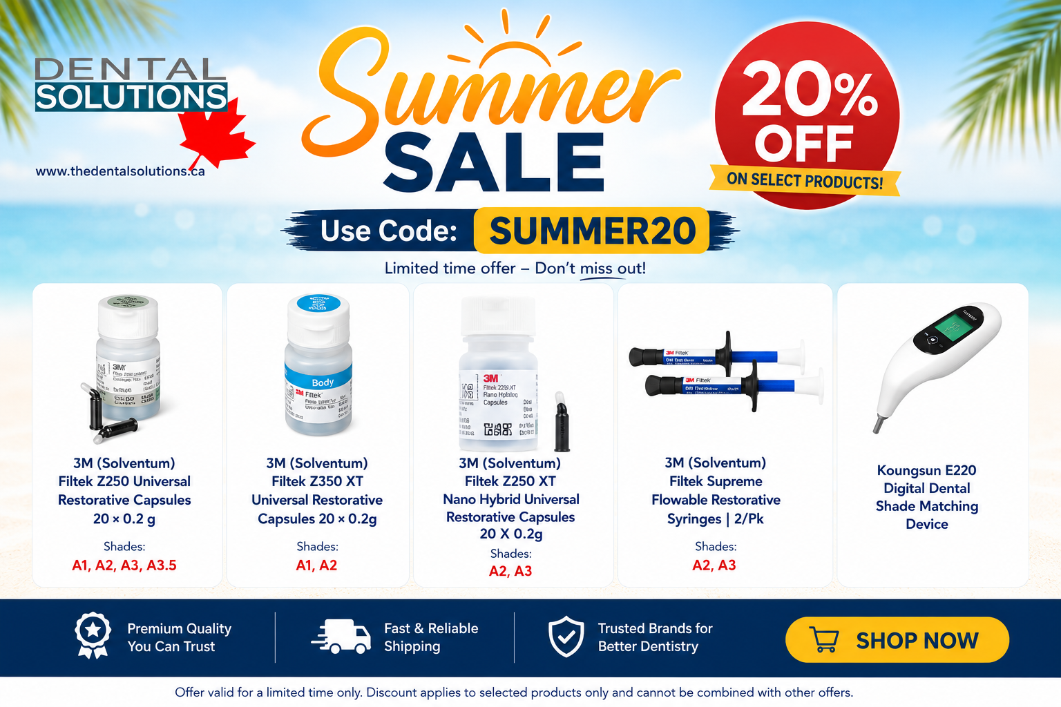 A promotional sale banner for dental products from Thea Dental Solutions, featuring a 'Summer Sale' headline, a 20% off discount badge, and four product thumbnails including 3M (Sulvestrum) Filtek flexible and universal restorative capsules, a Nano Hybrid Universal Restorative Capsule, a Kuretake E220 digital dental shade device, and a temperature meter. The layout includes product codes, shade codes, and a 'Shop Now' button.