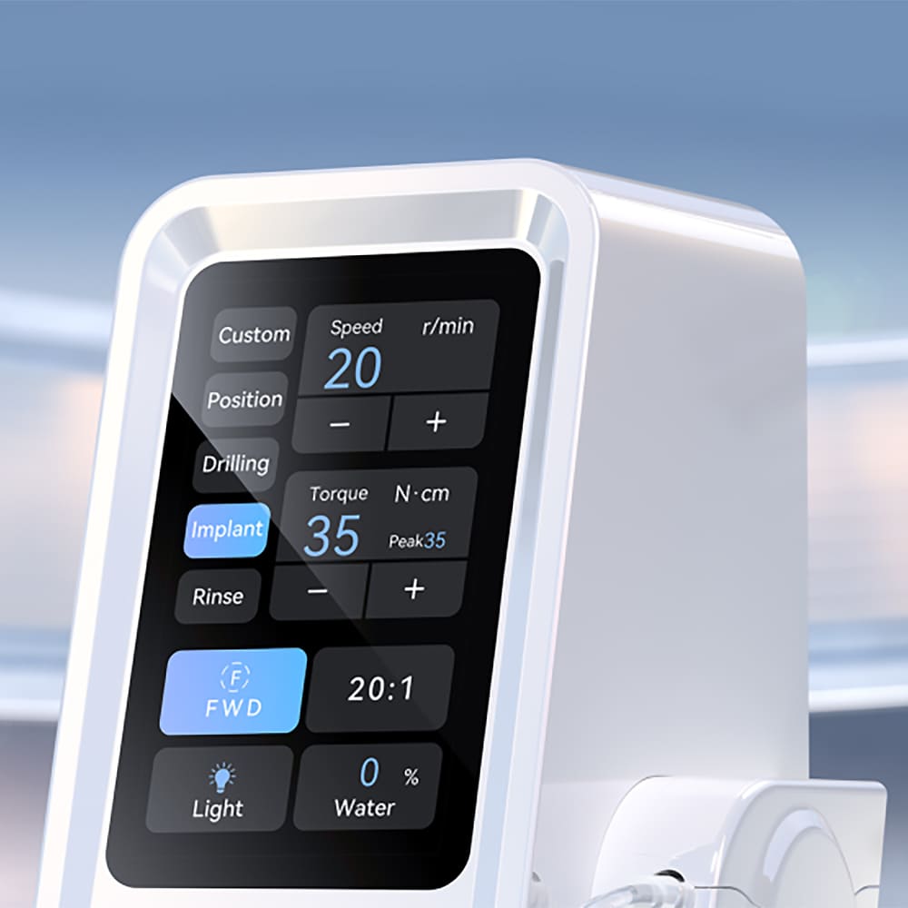 Woodpecker Implant Air dental implant motor touchscreen control display with speed torque and irrigation settings