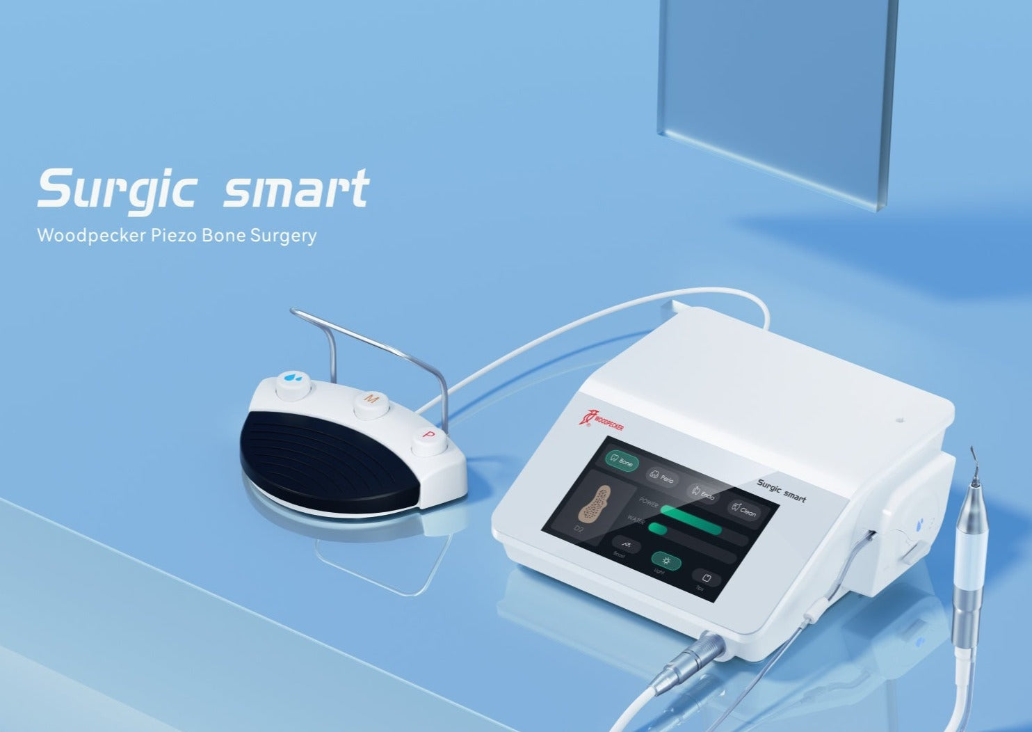 Woodpecker Piezo Surgic Smart dental bone surgery device displayed on a blue background. Featuring an advanced touchscreen interface, an ergonomic piezoelectric handpiece, and a foot pedal for precision control. Designed for minimally invasive dental bone procedures such as osteotomy, sinus lifting, periodontal surgery, and bone grafting, ensuring enhanced precision and patient safety.