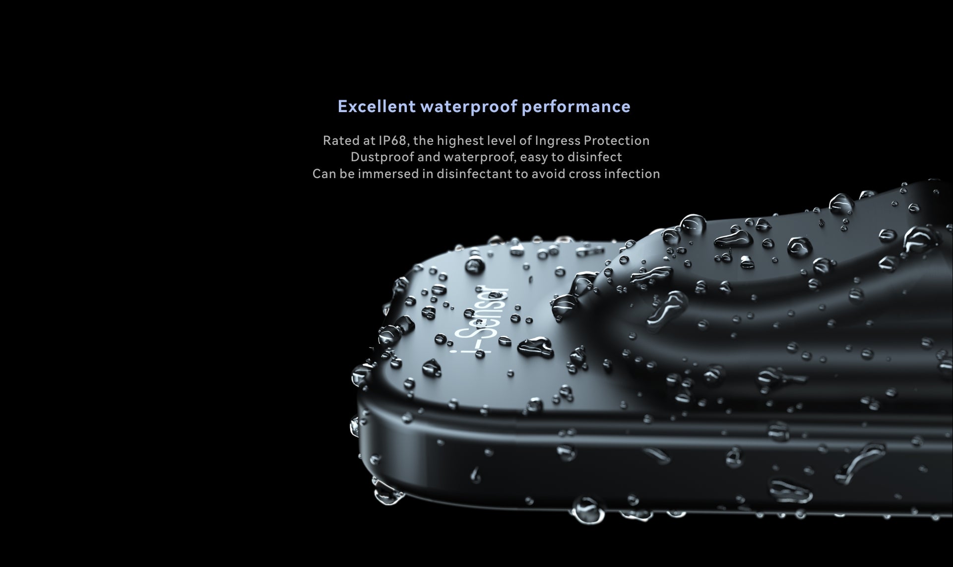 Close-up of i-Sensor with water droplets, highlighting its IP68 waterproof rating for dust and liquid resistance, ensuring easy disinfection and hygiene in dental environments, and emphasizing its durability and ease of disinfection for safe and reliable use