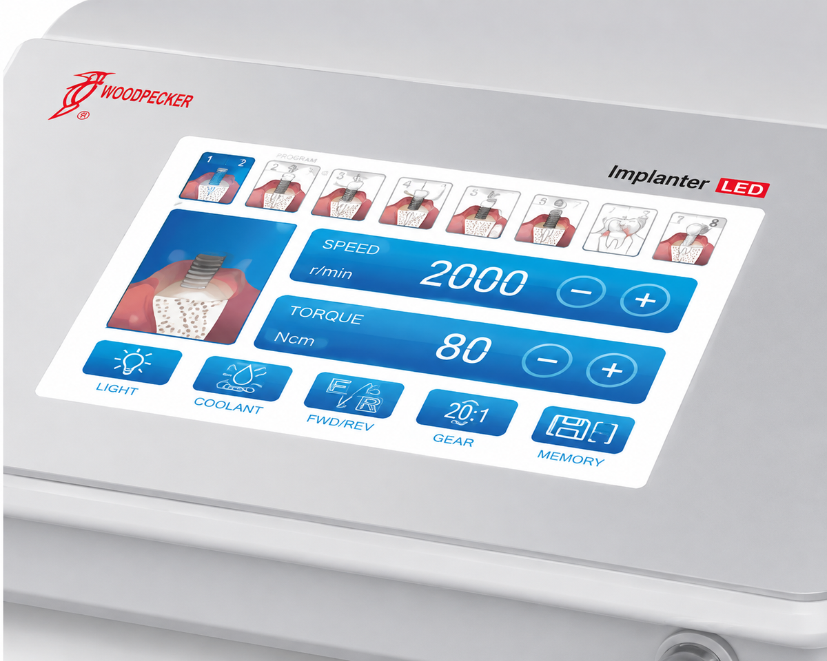 Woodpecker Implanter implant motor touchscreen control interface with speed and torque settings