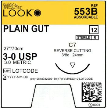 Look, Sutures, Plain Gut, 5-0, 18" Length, C17 Needle, 535B, 12/Box